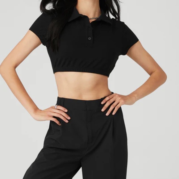 ALO Yoga Tops - ALO Yoga Black Cropped Prestige Polo Top/ Shirt Womens Size Small